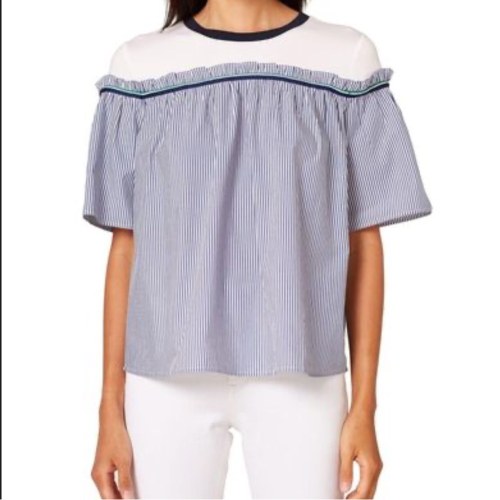 Esprit Blue and White Striped Off-Shoulder Ruffle Top